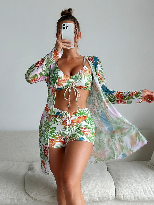 Floral Shorts Swimwear 3-Piece Set with Long Sleeve Cover-All-Modern Active