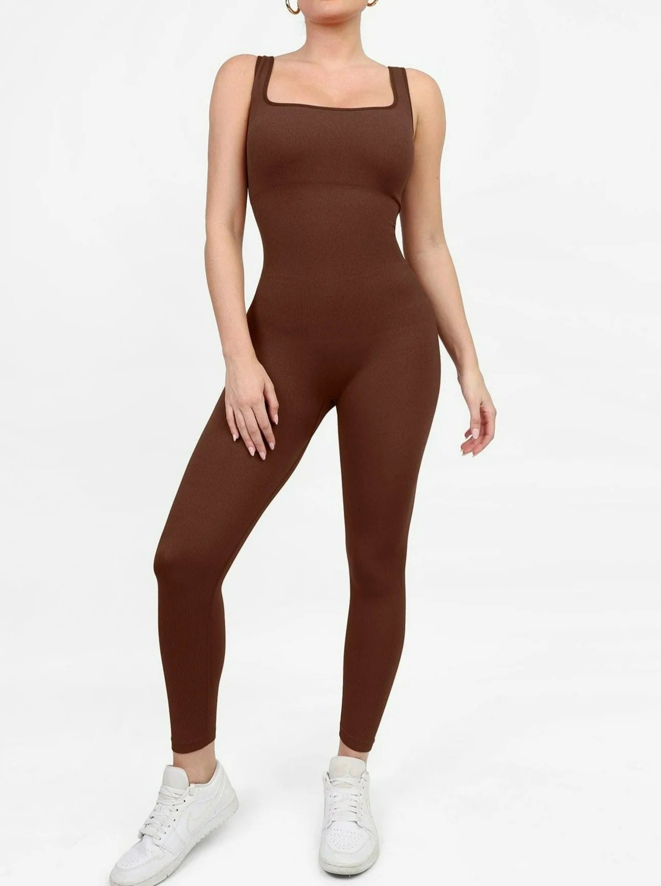 Modern Seamless Square Neck Sport Jumpsuit with Removable Pads & Body-Con Fit