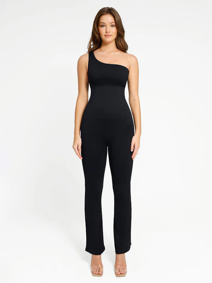 Modern Active GracefulContours Jumpsuit: Sculpted Fit with Sloped Shoulders & Flared Legs