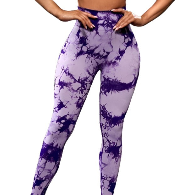 Modern Active Purple Watercolor Printed High Waist Pants: Casual Workout Leggings