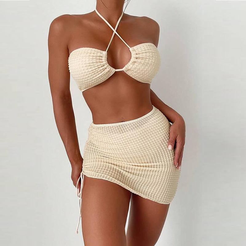 Modern Active 3 piece Crochet bikini set  halter top with beach skirt