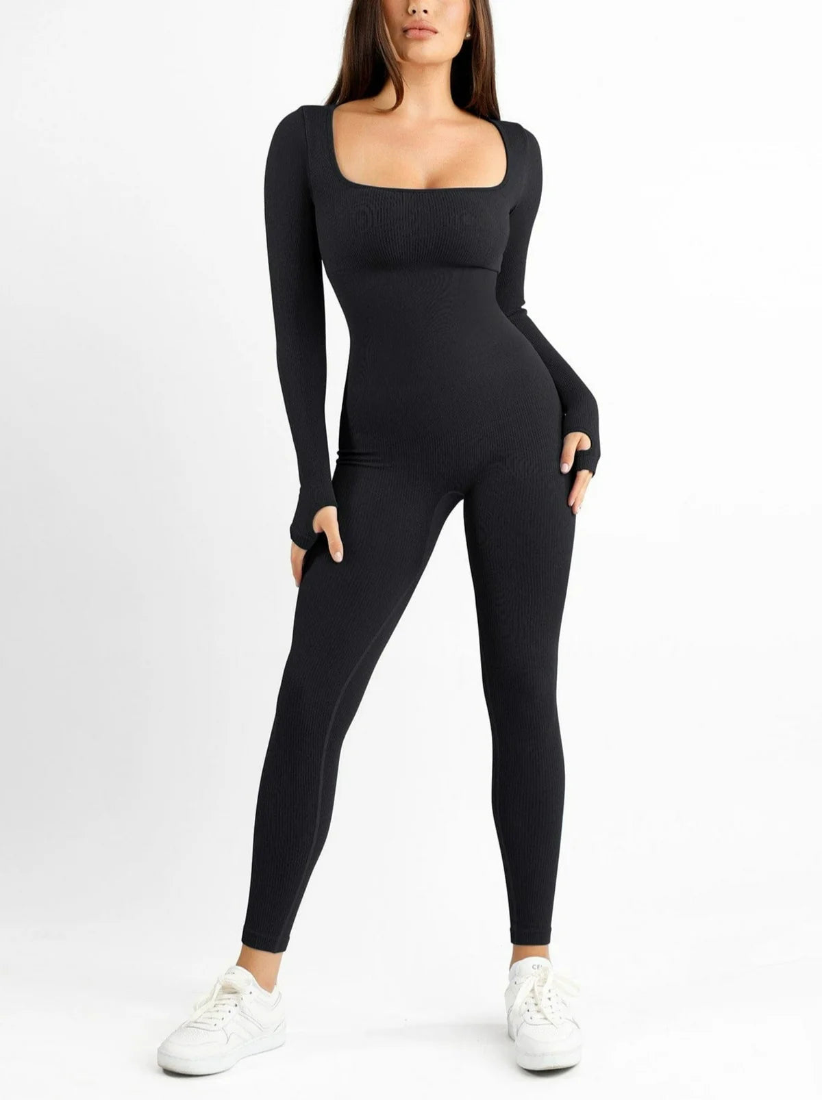 Seamless Thumb Hole Square Neck Long Sleeve Jumpsuit