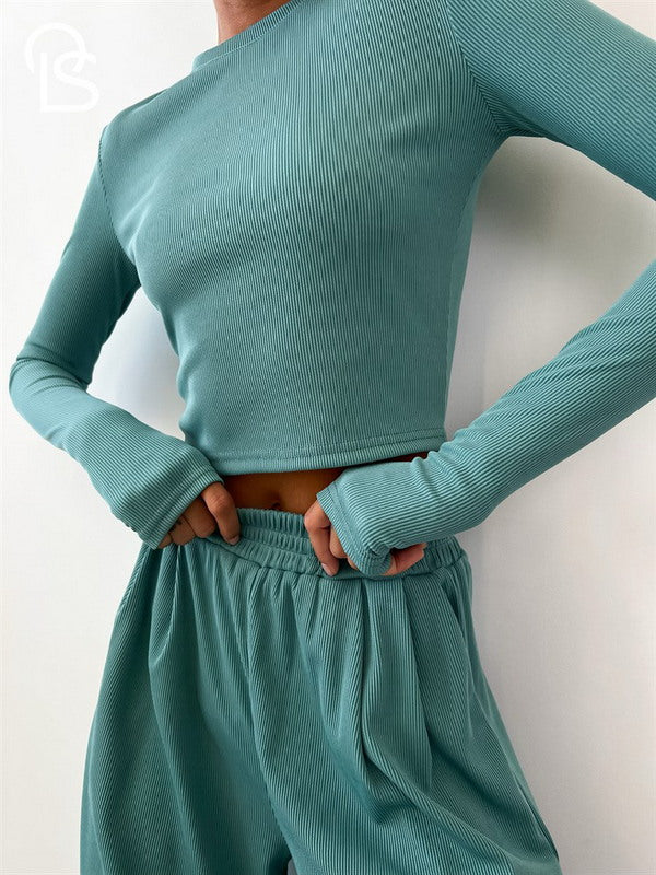 Two-Piece Knitted Sweater and Wide-Leg Pants Set