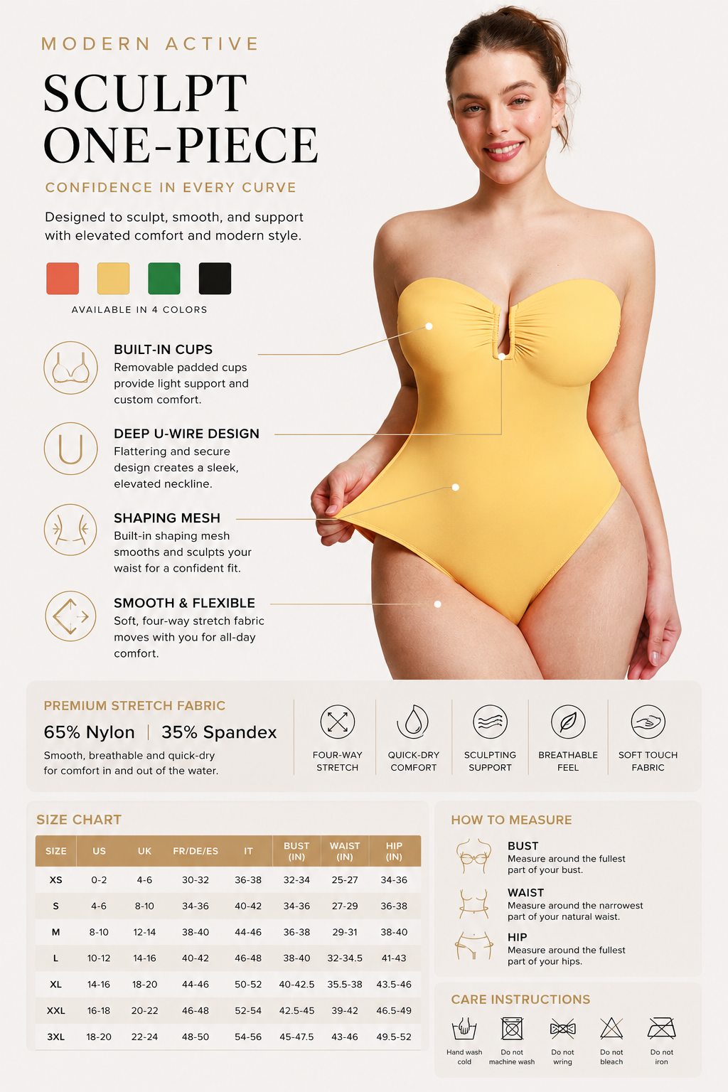 Yellow swimsuit with product features and size chart on a white background
