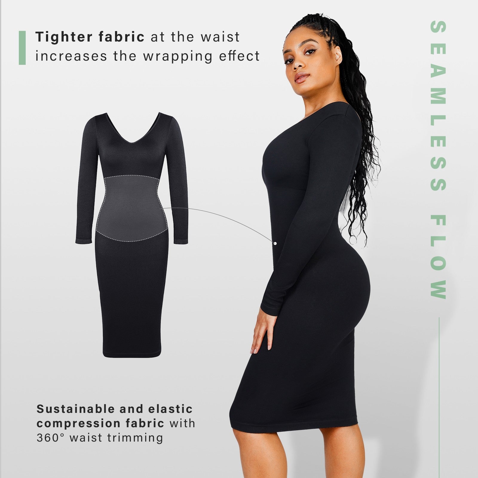 🌿 Eco-friendly Seamless V Neck Long Sleeve Waist Trimming Shaper Dress