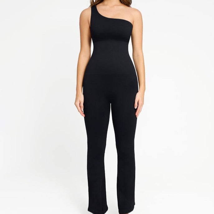 GracefulContours Jumpsuit: Seamlessly Sculpted with Sloped Shoulders and Flared Legs-Modern Active