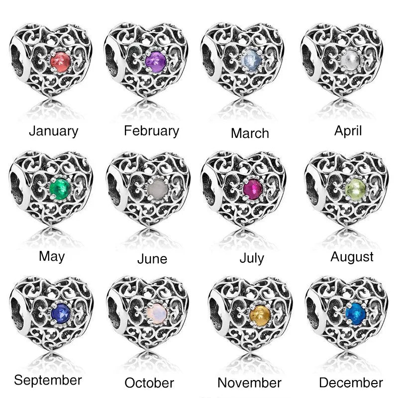 Month Signature Heart Birthstone With Crystal Charm Beads Fit Europe Bracelet Bangle Silver Plated Bead Charm Diy Jewelry-Modern Active