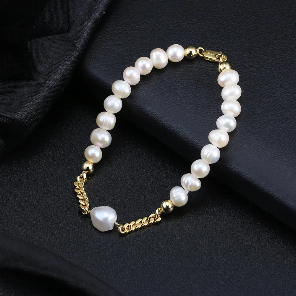 S925 Sterling Silver 18K Gold Plated cuban Chain men Bracelet Cultured Freshwater Pearl Chain Bracelet Stitching Jewelry-Modern Active