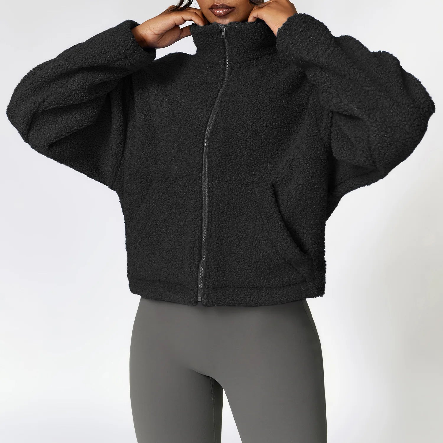 Lambswool Zip-Up Fitness Jacket: Long Sleeve Stand Collar Workout Top with Pockets-Modern Active