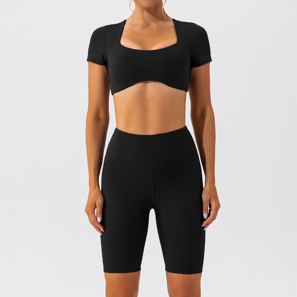 FlexFlow U Collar Short Sleeves Top and Tights Shorts-Modern Active