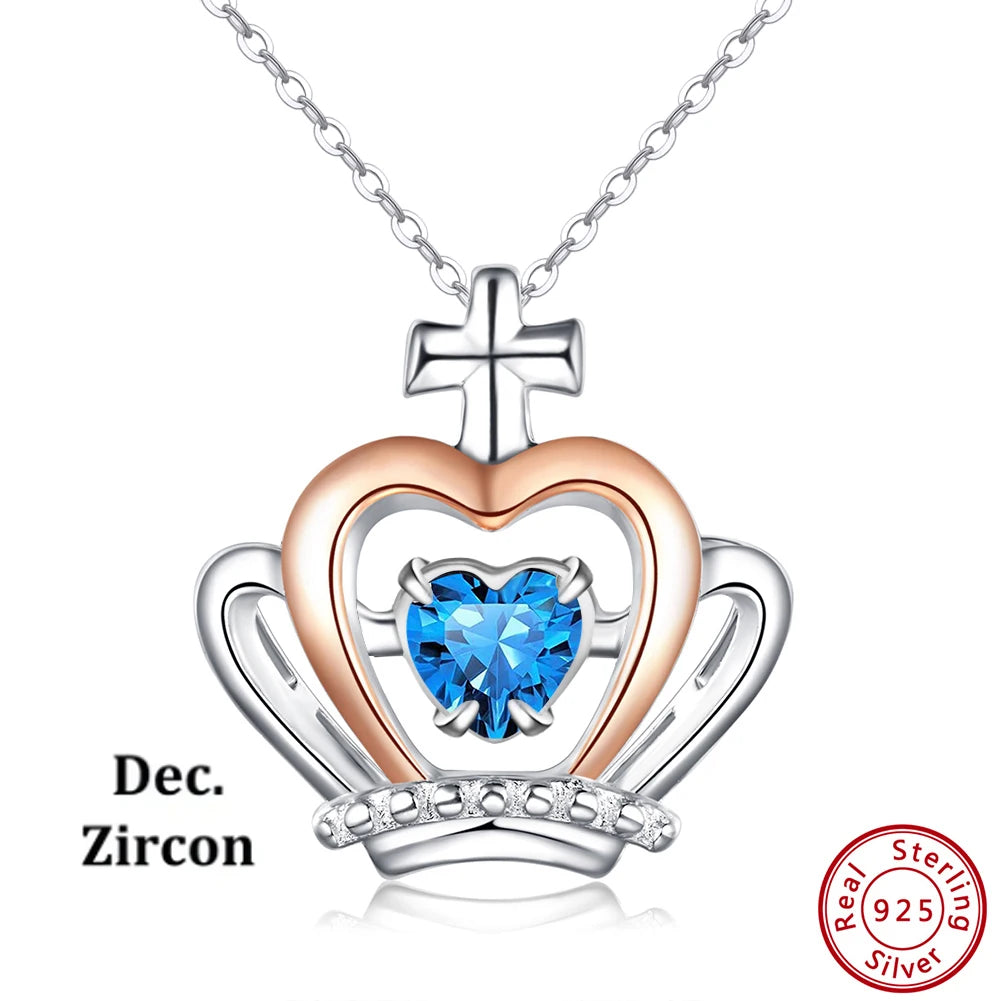 925 Sterling Silver Cubic Zirconia Birthstone Necklace Jewelry Crown Heart Queen Necklaces-Modern Active