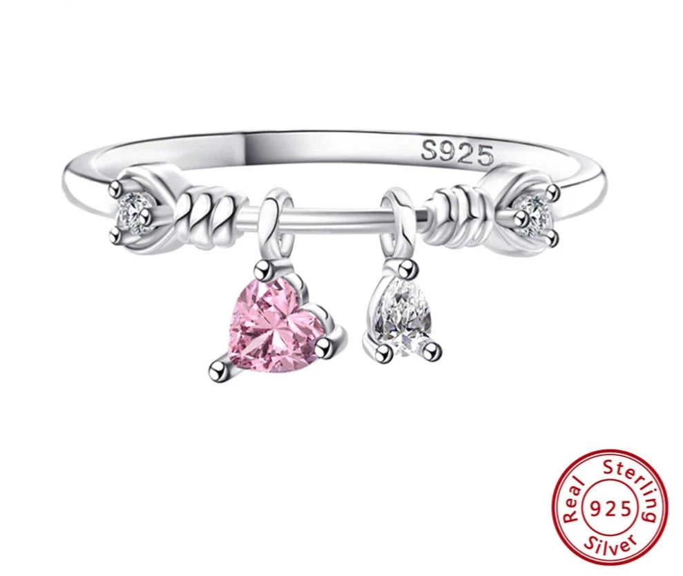 Pink Passion: Fine 925 Sterling Silver Heart Ring with Cubic Zirconia Pendant-Modern Active