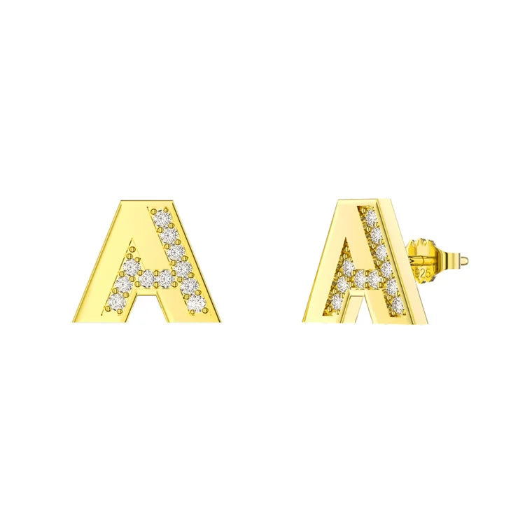 14K Gold Plated 925 Silver Post CZ Alphabet Letter Stud Girl Earring Hypoallergenic Letter Initial Earrings-Modern Active