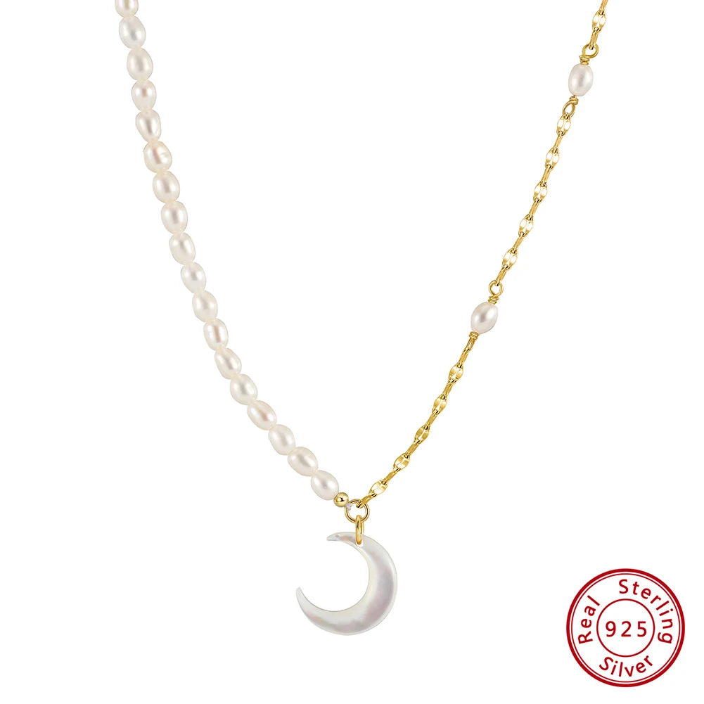 925 Sterling Silver 14K Gold Plated Half Lip Chain Half Cultured Freshwater Pearl Moon Shape Pendant Necklace-Modern Active