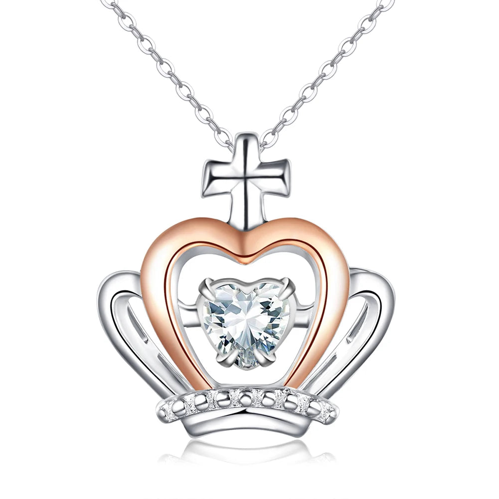 925 Sterling Silver Cubic Zirconia Birthstone Necklace Jewelry Crown Heart Queen Necklaces-Modern Active